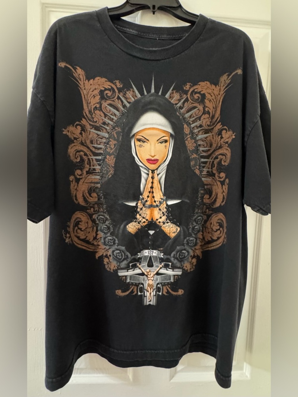 Men's Black Graphic Short Sleeve Tee - Nun Praying Design
